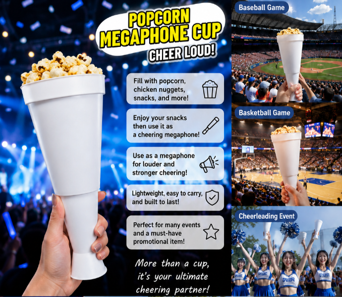 Custom Popcorn Megaphone Cup manufacturer from Taiwan. Injection-molded popcorn container designed for sports events, concerts, cinemas, promotional campaigns, fan engagement activities, and branded marketing events. Available with logo printing and custom colors.