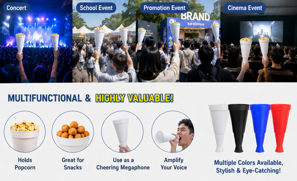 Custom Popcorn Megaphone Cup manufacturer from Taiwan. Injection-molded popcorn container designed for sports events, concerts, cinemas, promotional campaigns, fan engagement activities, and branded marketing events. Available with logo printing and custom colors.