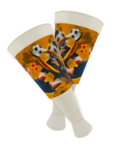 Custom Popcorn Megaphone Cup used for baseball games, basketball events, concerts, cinema promotions, school activities, and brand marketing campaigns. Durable injection-molded cheering cup with custom logo printing available.